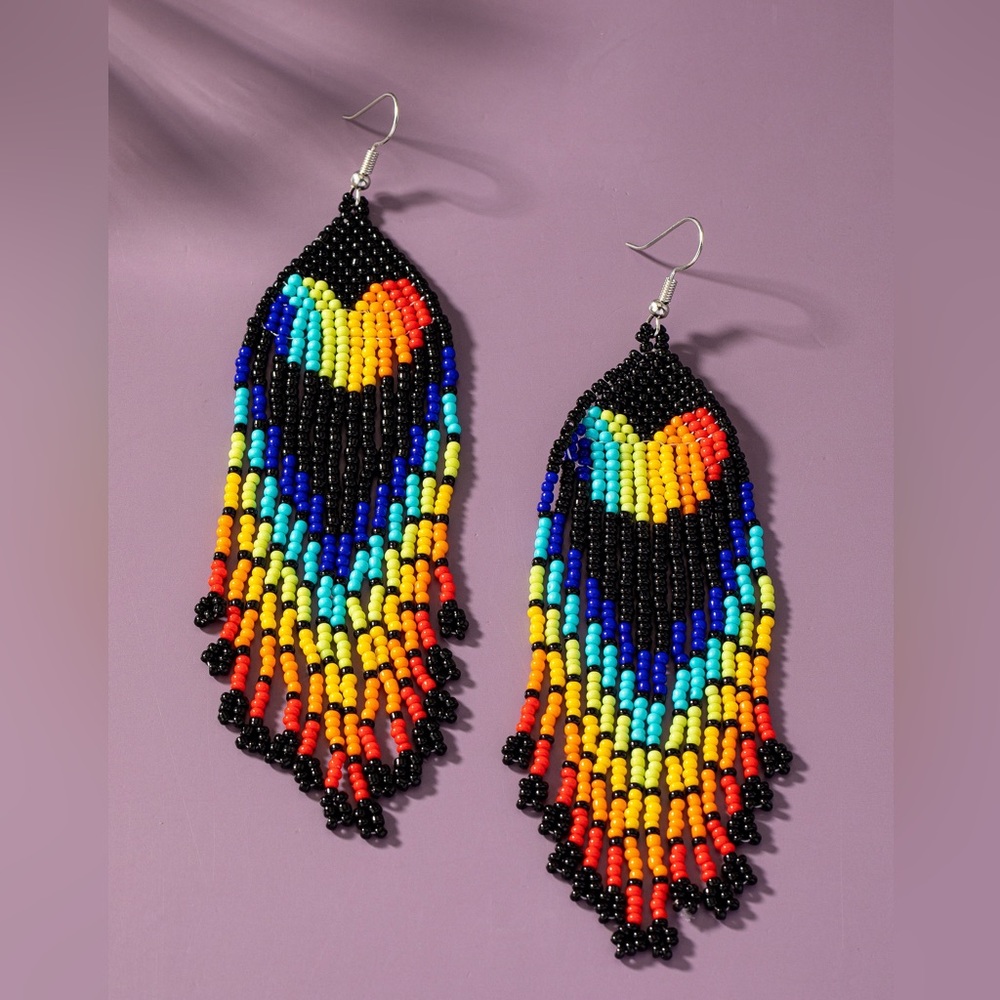 Black rainbow heart drop tassel seed bead fashion style earrings